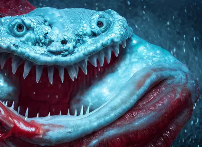 Prompt: a giant slimy creepy monster, very long slimy tongue, saliva, mouth inside a mouth, many long wet tongues, translucent skin, fangs, red glowing veins, thin blue arteries, cinematic colors, standing in shallow water, insanely detailed 8 k artistic photography, dramatic lighting