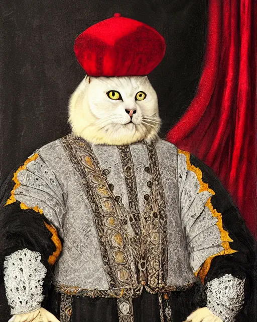 Prompt: fat gray cat with yellow eyes dressed like henry viii, tudor period clothing in scarlet gold and black, royal robes, greg rutkowski, royal portrait, painting