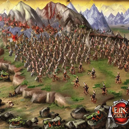 Prompt: painting of a dark mountain fighting armies of gnomes, epic, army formations, melle, ranged and siege