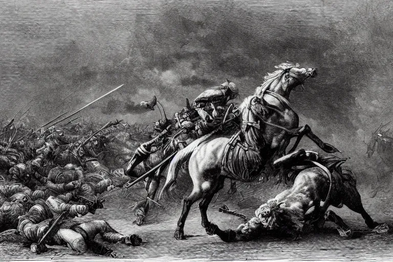 Image similar to A huge rider on a horse knocks out an infantryman in the middle of an epic battle , Gustave Dore lithography