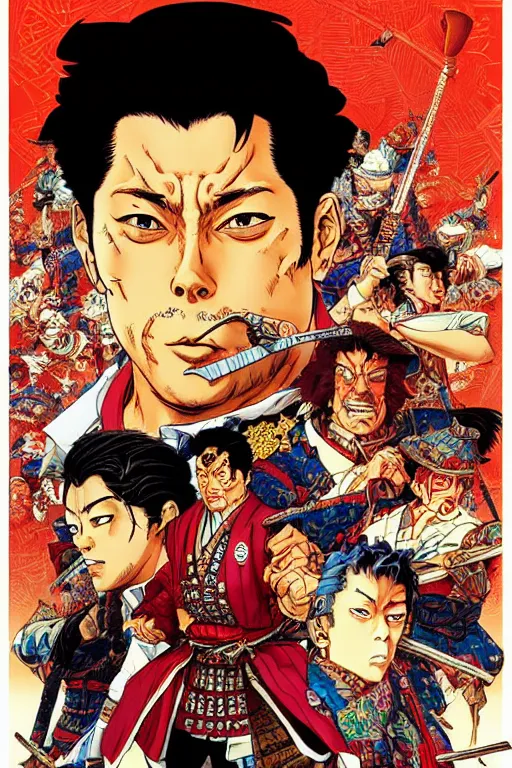 Image similar to poster of jordan belfort as a samurai, by yoichi hatakenaka, masamune shirow, josan gonzales and dan mumford, ayami kojima, takato yamamoto, barclay shaw, karol bak, yukito kishiro