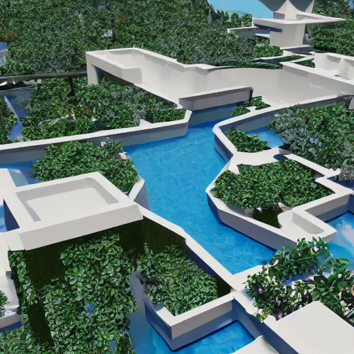 Prompt: luminal architecture that is mazelike with swimming pools surrounded by white tile and lots of arches. Ultra Realistic, First Person View, 4k, Style of MC Escher