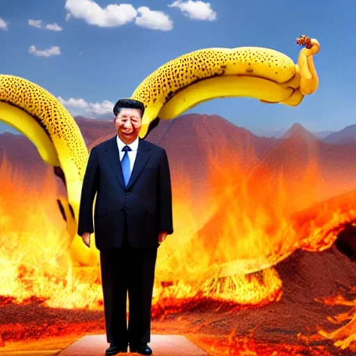 Prompt: Chinese president with bananas in hand in epic stance fighting dragon on flaming mountain, bananas weapon, painting, epic