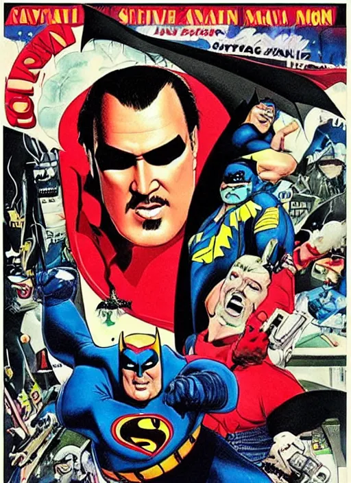 Image similar to an 8 0's john alvin superhero movie poster starring steven seagal face as fat batman movie is called fat bat man, cinematic