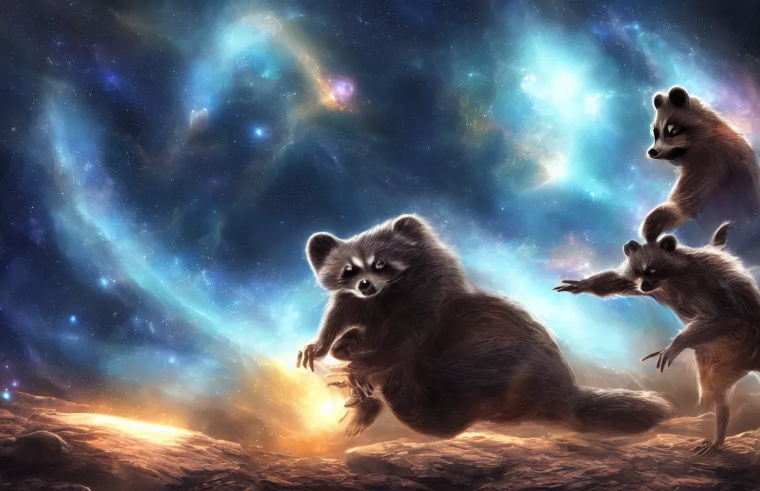 Prompt: A digital concept art painting a space cosmic racoon in the stars 4K UHD image, unreal engine, space art concept