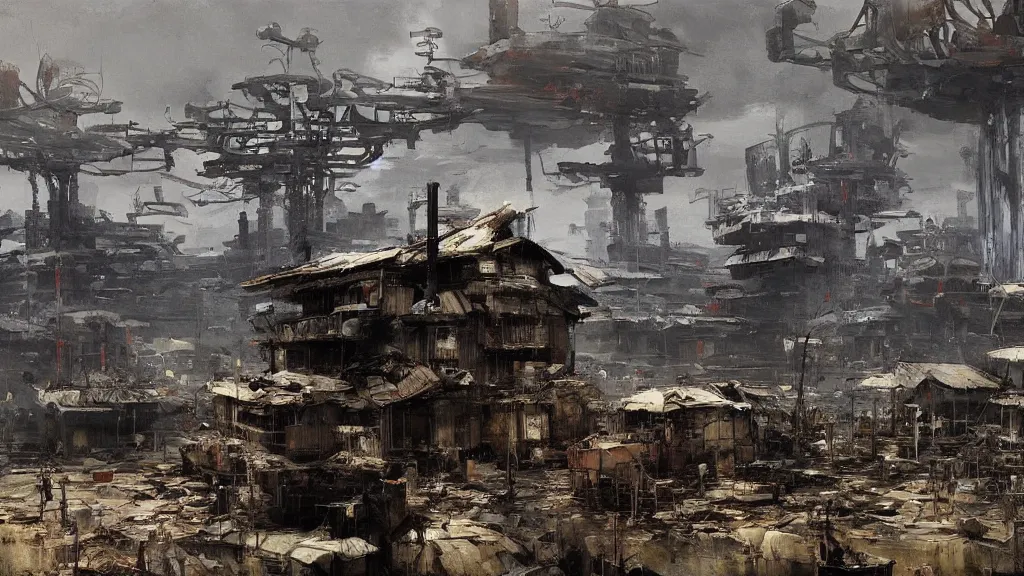 Prompt: post - apocalyspe settlement with houses, hydroponic farms, painted by tsutomu nihei, painted by eddie mendoza, painted by ilya repin