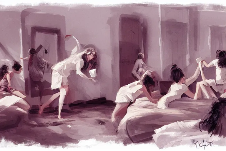 Image similar to pillow fight in the girls dormitory, concept art, by Rudolph Belarski, cinematic