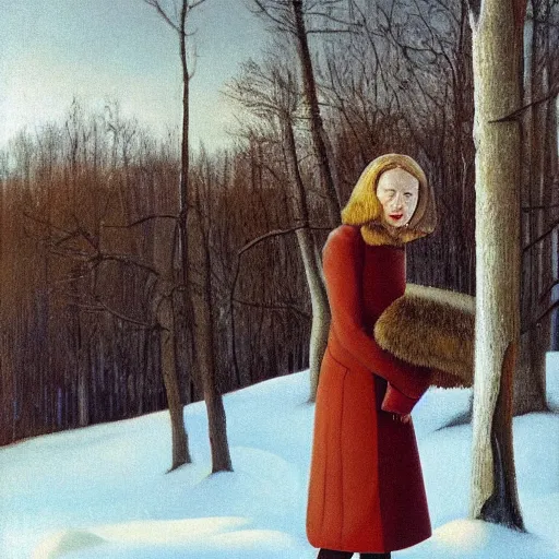 Prompt: emma stone in boots walking to outdoor toilet, winter, russian depression, chthonic, by grant wood, shulzhenko, nikolay kopeykin, lozhkin, vdovenko