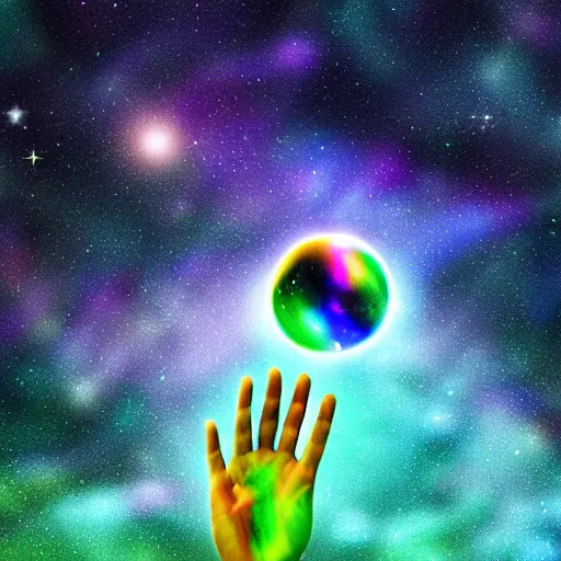 Prompt: a human hand holding a bunch of soap bubbles in a cosmic space full of stars and clouds, volumetric light, green and yellow colors, digital art, artstation