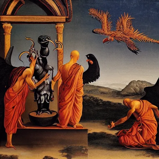 Image similar to hindu monks worshipping giant crow as devil on greek senete baroque painting, lionardo davinchi