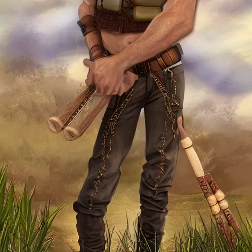 Image similar to a male ranger, dnd, wearing a leather vest and white linen pants, puka shell necklace, long swept back blond hair, with a bongo drum and nunchucks, chiseled good looks, digital art