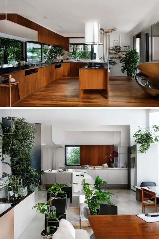 Image similar to a gigantic modern kitchen in a light and beautiful room with plants and furniture by john lautner, high detail, hyper-realistic environment