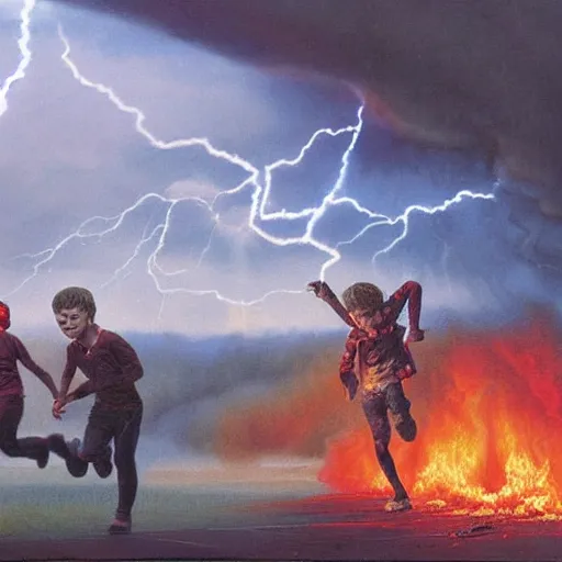 Image similar to a running child surrounded covered, lightning, vapor, mist, smoke, blood drops, fire, a highly detailed matte painting by John Philip Falter and Jason Edmiston