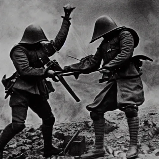 Prompt: vintage photograph of sauron fighting in ww 1