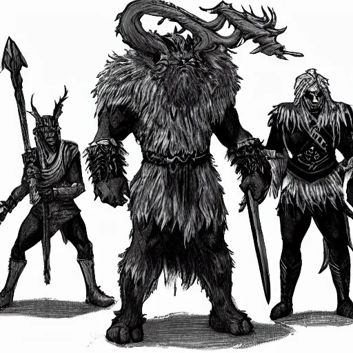 Prompt: dnd frost giant towering over some warriors, catperson, goblins