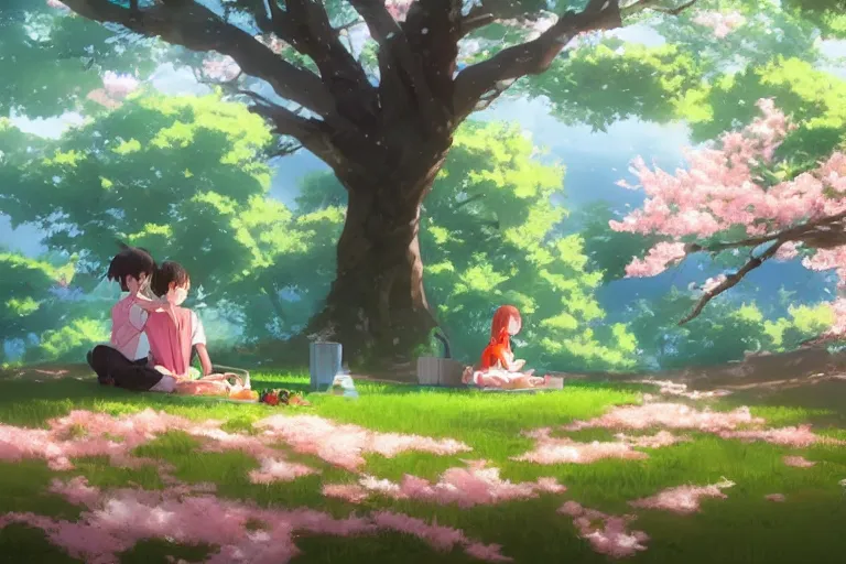 Image similar to a boy and a girl picnicking under a Sakura tree on a hill. By Makoto Shinkai, Stanley Artgerm Lau, WLOP, Rossdraws, James Jean, Andrei Riabovitchev, Marc Simonetti, krenz cushart, Sakimichan, trending on ArtStation, digital art.