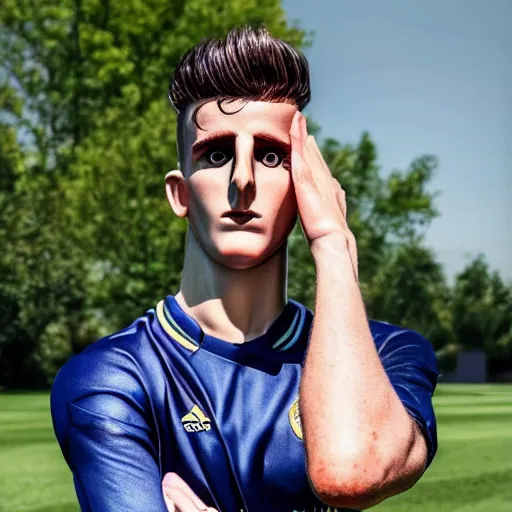 Image similar to a realistic detailed photo of a guy who is an attractive humanoid who is half robot and half humanoid, who is a male android, soccer player mason mount, shiny skin, posing like a statue, blank stare, by the pool, on display