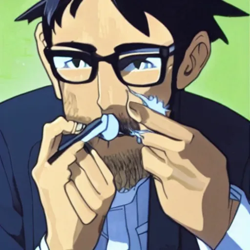 Image similar to rare photo of gendo ikari smoking a joint