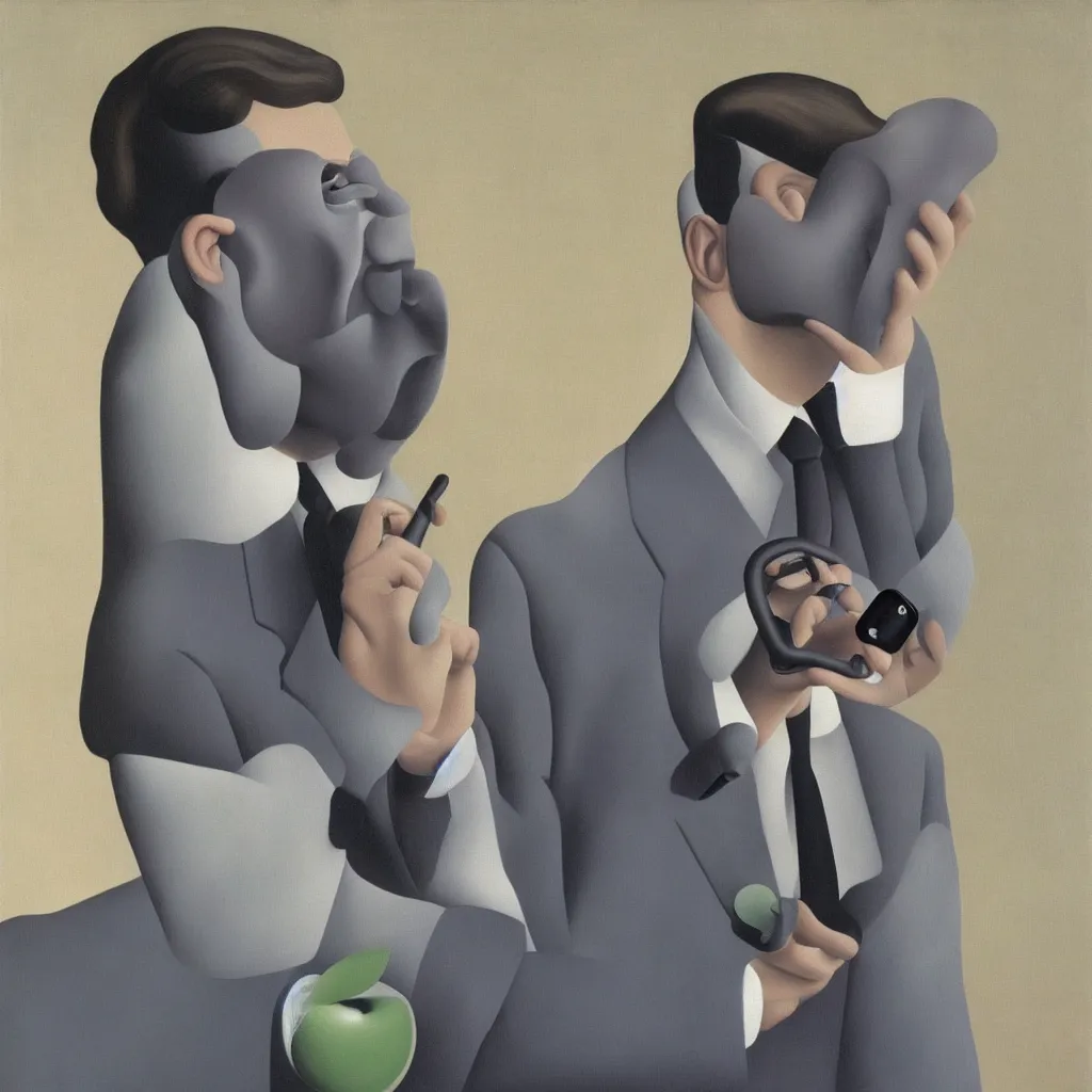 Image similar to i, a man wearing airpods pro and playing his iphone, by rene magritte