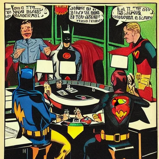 Image similar to batman playing a poker game with other superheroes in a basement, coolidge