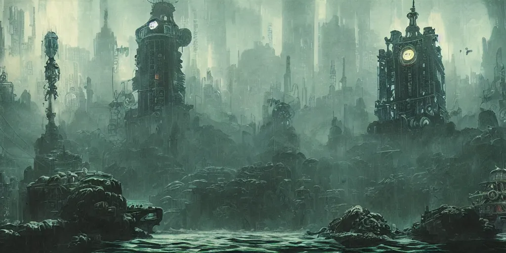 Image similar to concept art of a underwater city, bioshock style, rapture, dark atmosphere, hanafuda oil on canvas by ivan shishkin, james jean and yoji shinkawa