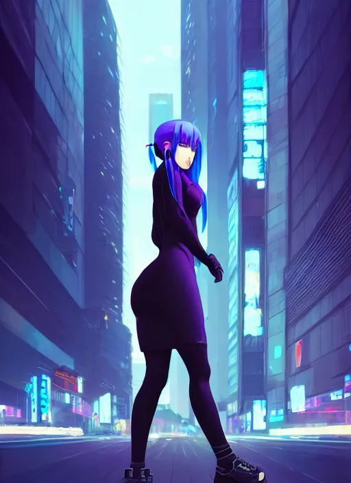 Image similar to hyper realistic photograph portrait of cyberpunk pretty girl with blue hair, wearing a tight black dress, in city street at night, by makoto shinkai, ilya kuvshinov, lois van baarle, rossdraws, basquiat