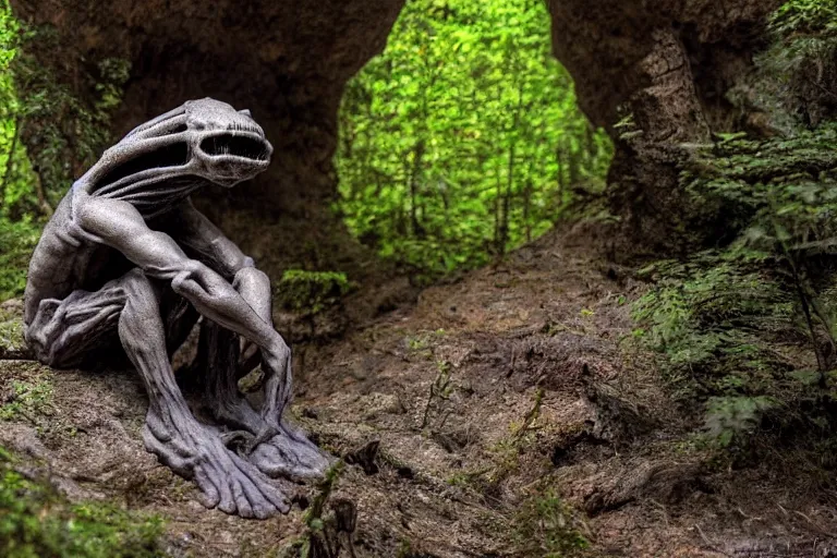 Image similar to high quality scary alienated monster statue sitting at the entrance of a cave in the middle of a forrest, highly detailed, cinematic smooth, stephen shore & john j. park, soft morning light, wide shot, high angle, uhd 8 k, deep focus