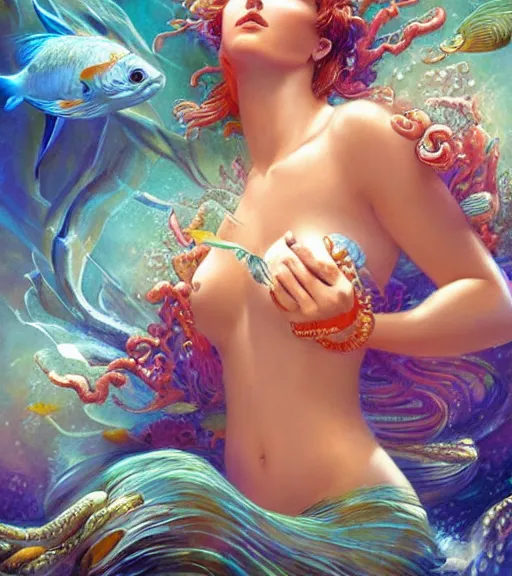 Prompt: goddess of the sea, brilliant coral reef surrounding her, fish swimming in background, digital art by artgerm and karol bak