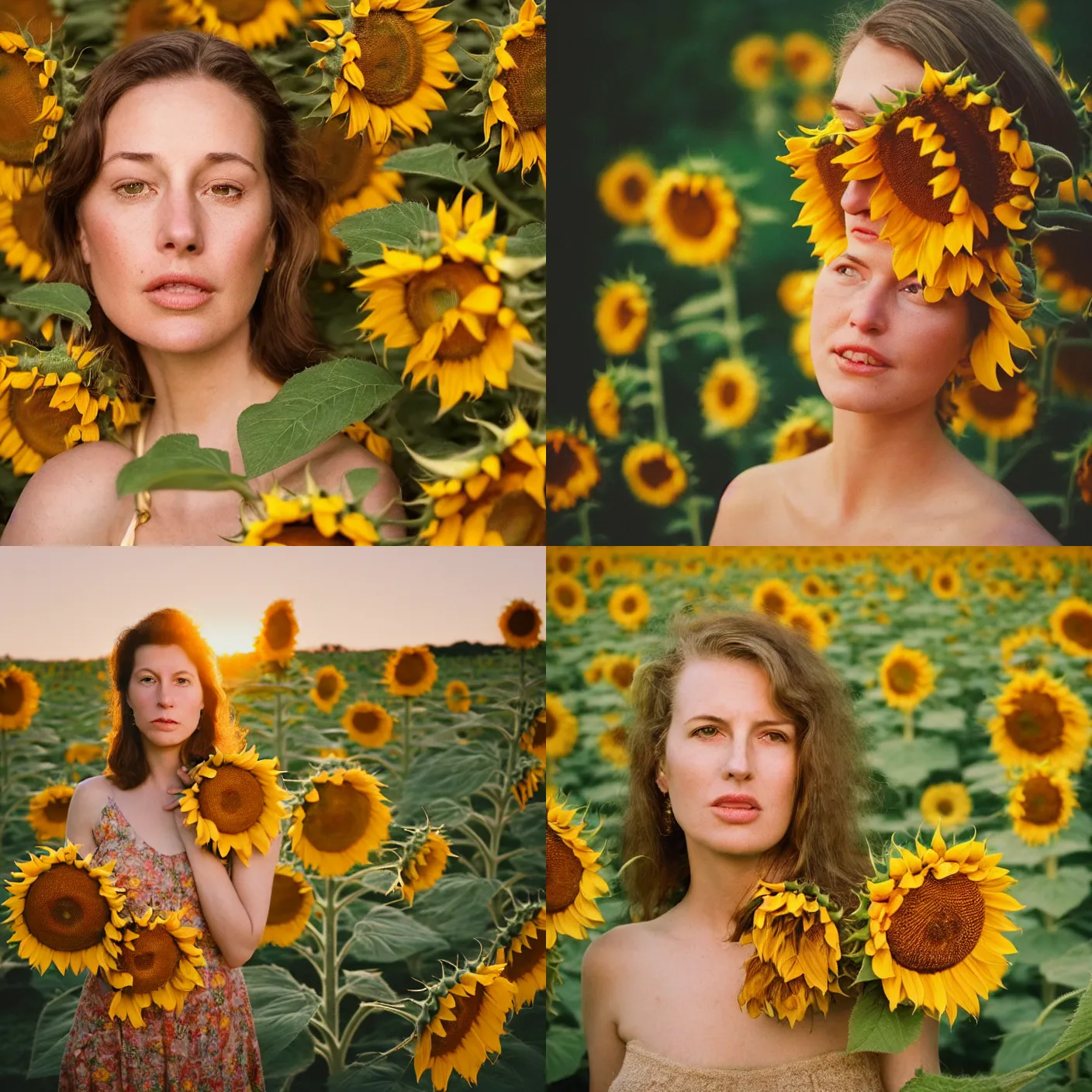 Prompt: An vintage analog head and shoulder frontal face portrait photography of a woman surrounded by multiple oversized sunflowers by Annie Leibovitz. Kodak Portra 800 film. Depth of field. whirl bokeh. Golden hour. detailed. hq. realistic. warm light. muted colors. Moody. Filmic. Dreamy. lens flare. Leica M9, f/1.2, symmetrical balance, in-frame