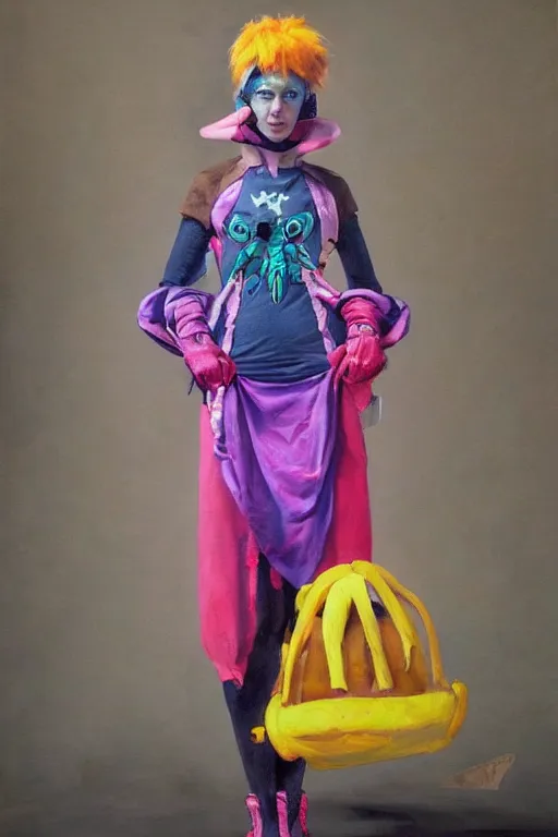 Image similar to a character wearing a diy! costume, with fluo colored details, muted colors, vivienne westwood, nausicaa, hyper real painting