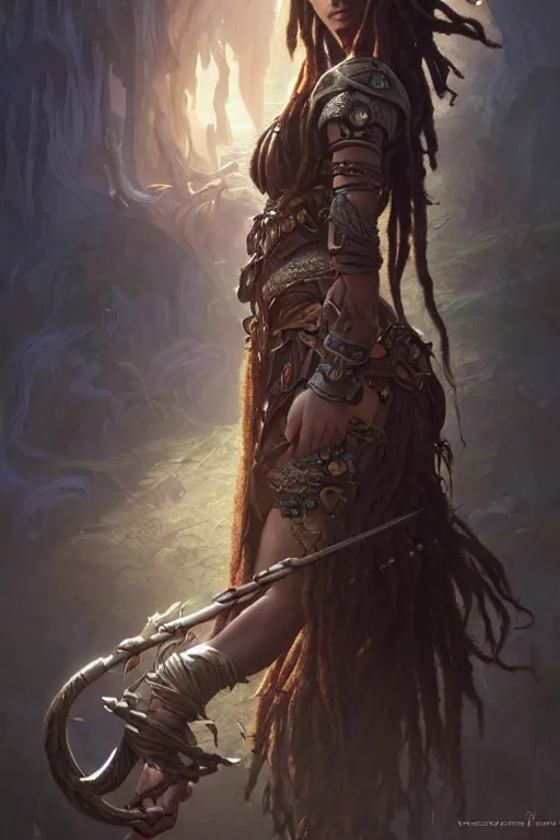 Image similar to dreadlock warrior princess, deep focus, d & d, fantasy, intricate, elegant, highly detailed, digital painting, artstation, concept art, matte, sharp focus, illustration, dark fantasy style art, hearthstone, art by artgerm and greg rutkowski and alphonse mucha