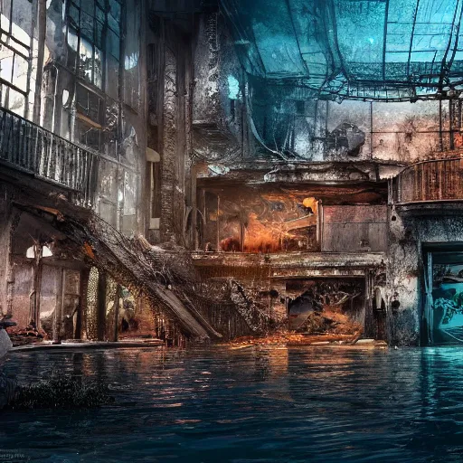 Image similar to An abandoned city center under water, horror, liminal, hyper detailed, dramatic lighting, CGsociety, realistic, fish, hyper detailed, insane details, intricate, dramatic lighting, hypermaximalist, golden ratio, rule of thirds, octane render, weta digital, micro details, ultra wide angle, Artstation trending, 8k,