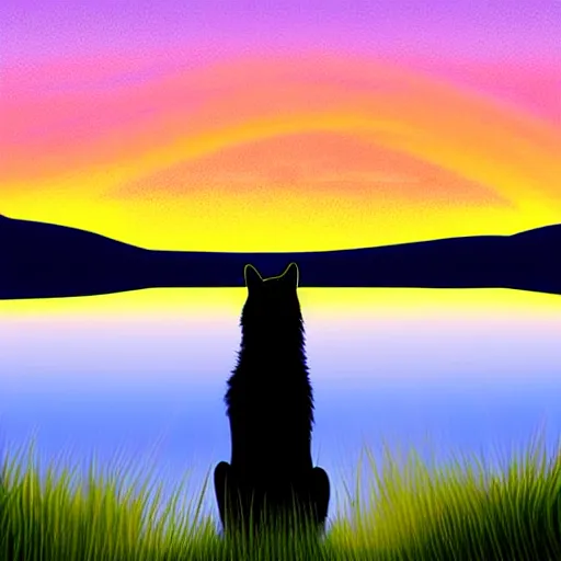 Prompt: view from behind of wolf pup sitting on the shore of a pond, looking out at a sunset, digital art, award winning stunning illustration