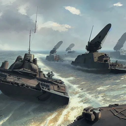 Image similar to landing crafts reaching the beaches of normandy amidst gunfire, highly detailed, digital painting, concept art, sharp focus, by makoto shinkai