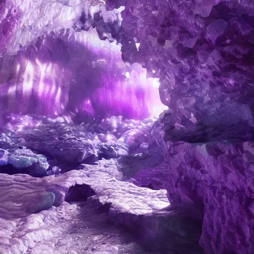 Image similar to inside an amethyst cave with a hot spring, highly detailed, 4k, HDR, award-winning, artstation, octane render