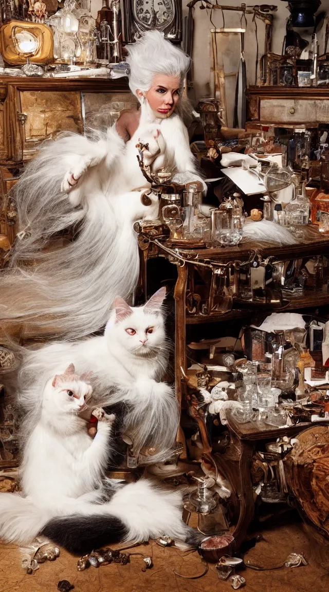 Image similar to full body protrait beautifull witch with white hair in old room. A cristal ball on a wood table with a potions and old instruments. A cat on the floor licking his paw. photorealistic, profesional photo, by Steve McCurry