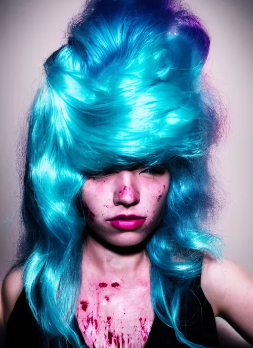 Image similar to a dramatic lighting photo of a beautiful young woman with cotton candy hair. blood splashes with a little bit of cyan and pink