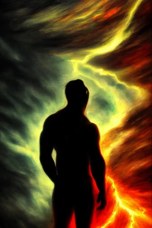 Image similar to a hulking human male silhouette in the darkness, his eyes glowing red, roiling stormclouds overhead,. atomospheric, artgerm, in the style of turner, high detail, 8 k resolution,