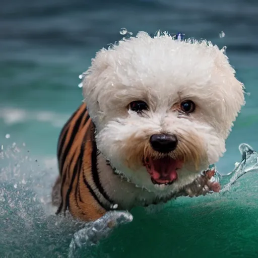 Image similar to a closeup photorealistic photograph of a cute smiling tiger bichon puppy splashing in the surf during sunset. professional capture, well lit shot. this 4 k hd image is trending on artstation, featured on behance, well - rendered, extra crisp, features intricate detail, epic composition and the style of unreal engine.