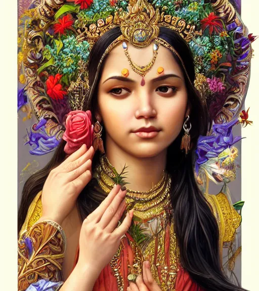 Image similar to hindu goddess im beautiful meadow of flowers, highly detailed, centered, digital painting, artstation, concept art, smooth, sharp focus, illustration, art by artgerm and donato giancola and Joseph Christian Leyendecker, Ross Tran, WLOP