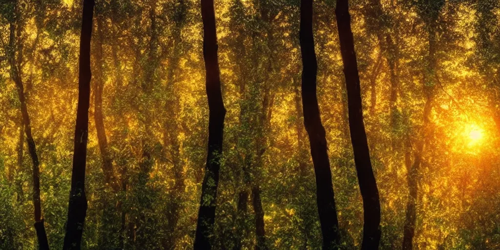 Image similar to An aesthetically pleasing, dynamic, energetic, lively, well-designed digital art of trees inside a forest during sunset, light and shadow, by Claude Monet, superior quality, masterpiece, excellent use of negative space. 8K, superior detail.