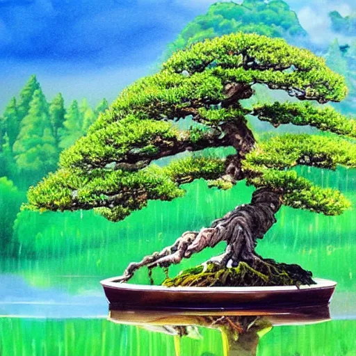 Prompt: a beautiful painting of a bonsai tree near a pond