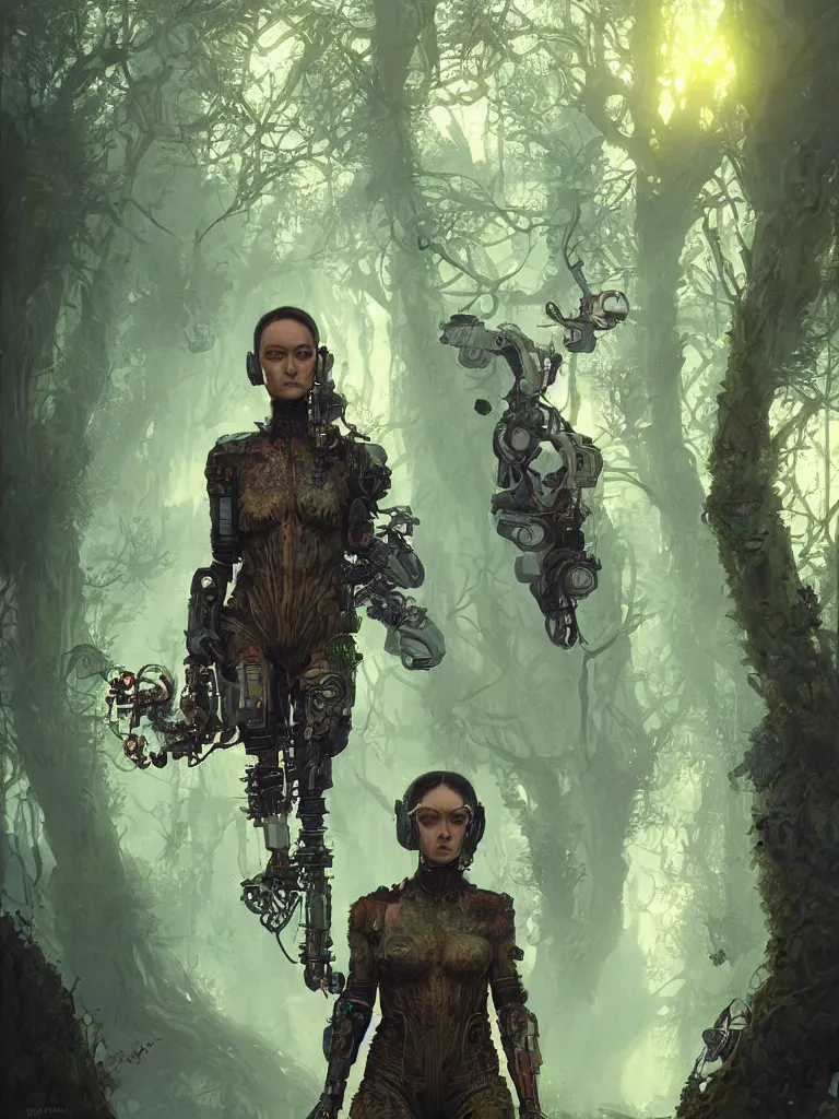 Image similar to a hyperrealistic cyberpunkpunk portrait of a gorgeous woman in the movie Annihilation, with mutated trees and trees and fractal sunlight, award-winning, masterpiece, in the style of Tom Bagshaw, Cedric Peyravernay, Peter Mohrbacher