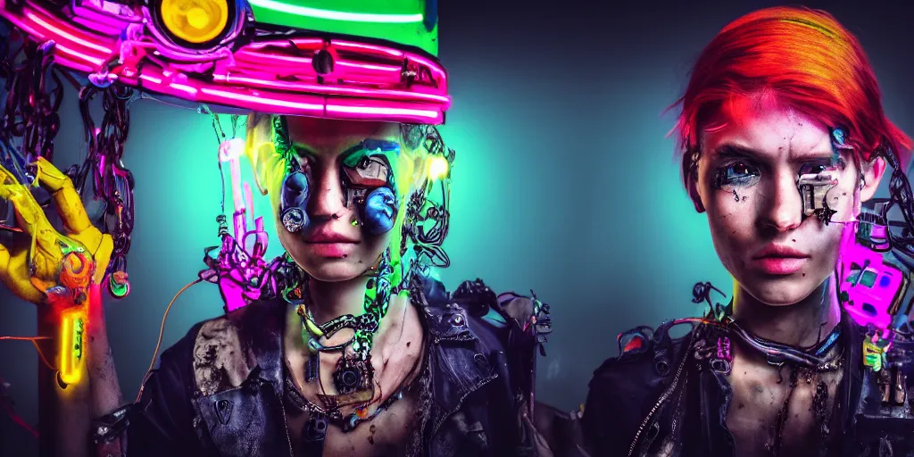 Image similar to post apocalyptic scene with half android half female wearing jewelry along mutated animals and colorful neon from far dystopian city, ultra wild lens, high details, 8k