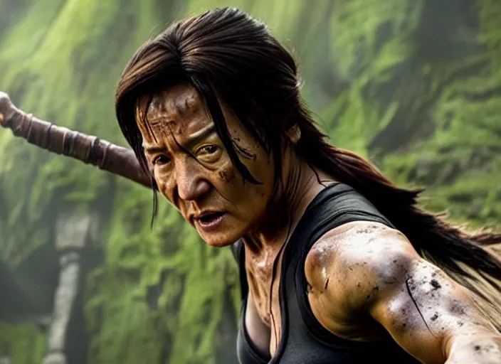 Image similar to film still of!!!! jackie chan jackie chan jackie chan!!! as lara croft in new tomb raider movie, 8 k