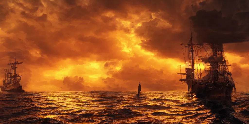 Image similar to medieval woman ship pilot from behind standing at the bow of a ship at sea, dramatic golden neon sunset with thick wall of storm clouds, dynamic lighting, hyperrealistic, HD 4k, artstation
