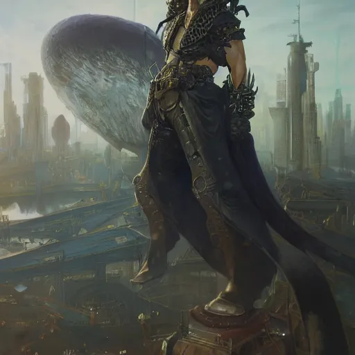 Image similar to a portrait painting of sephirot from final fantasy 7, midgard steam punk city as backdrop, by greg rutkowski, artgerm, wlop, ruan jia, krenz cushart, alphonse mucha, marble, gold, unreal engine 5