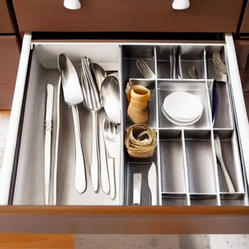 Prompt: a partially opened silverware drawer