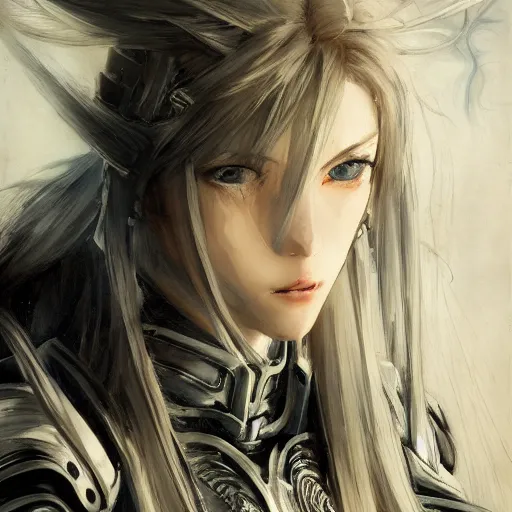 Image similar to Oil portrait with broad brush strokes of an anime girl with long white hair wearing Elden Ring armour with engraving in the style of Yoji Shinkawa, expressive brush strokes, hairs fluttering on the wing, noisy film grain effect, highly detailed, Renaissance oil painting, weird portrait angle, blurred lost edges, three quarter view