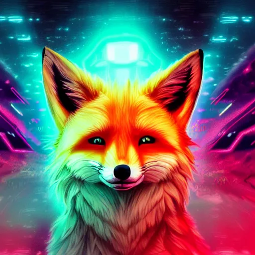 Prompt: digital dark fox, retrowave palette, digital world, highly detailed, electric breeze, anatomically correct vulpine, synth feel, fluffy face, ear floof, flowing fur, super realism, accurate animal imagery, 4 k digital art